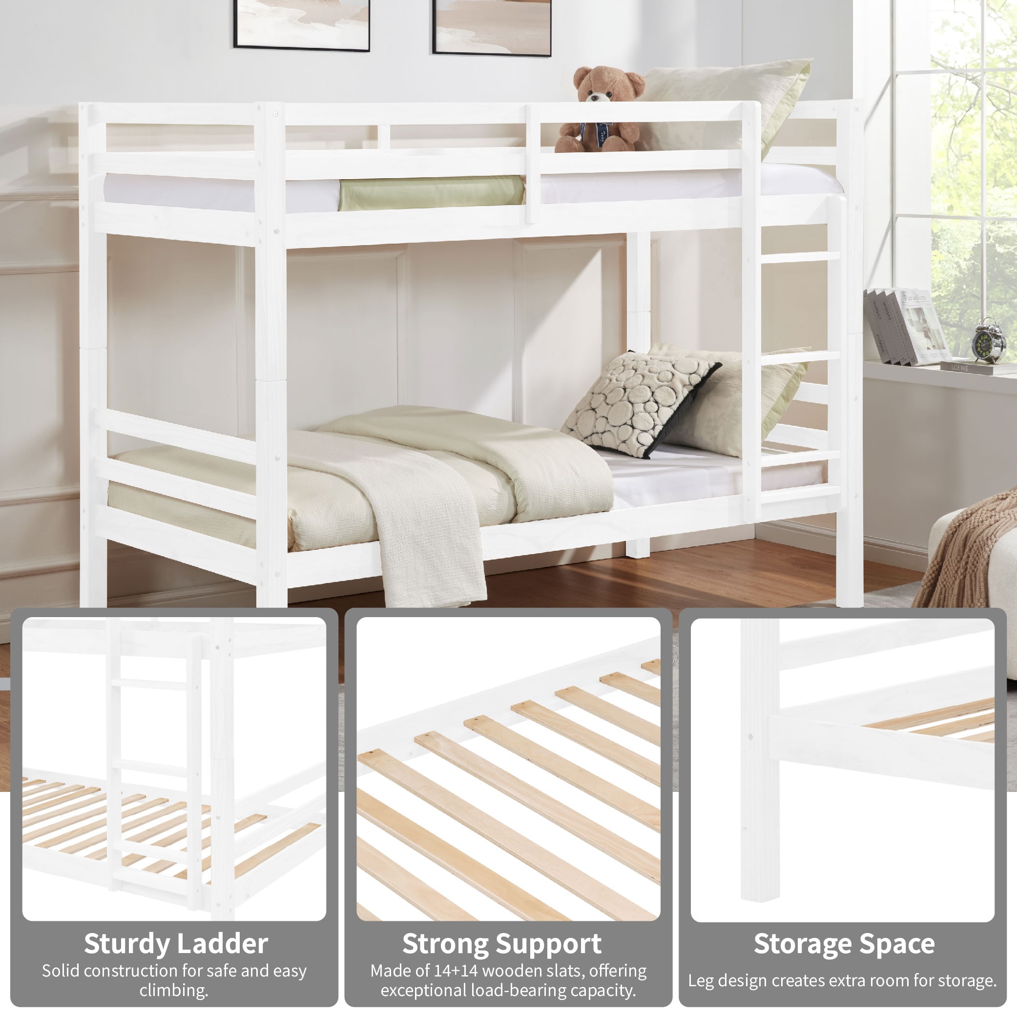 Twin over Twin Bunk Bed with Thick Posts,Wooden Bunk Bed with High Guardrail and Ladder for Kids, Teens, Dorm Rooms, and Guest Rooms,No Box Spring Needed,White Twin over Twin Bunk Bed with Thick Posts,Wooden Bunk Bed with High Guardrail and Ladder for Kids, Teens, Dorm Rooms, and Guest Rooms,No Box Spring Needed,White